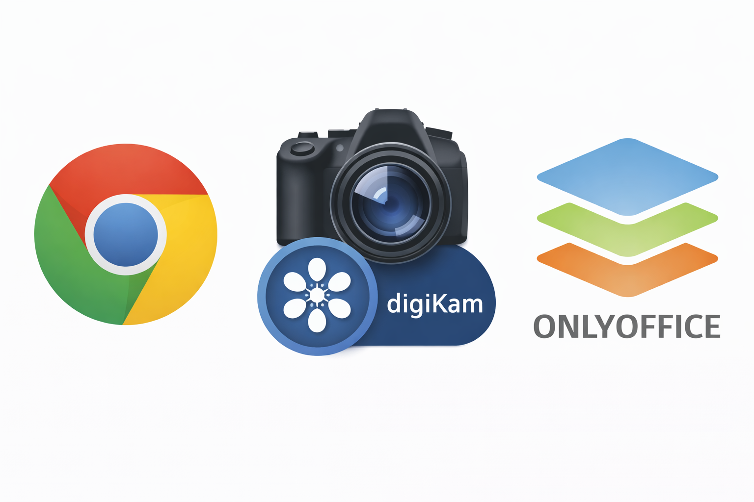 Icone représentant Chrome, Digikam, Onlyoffice